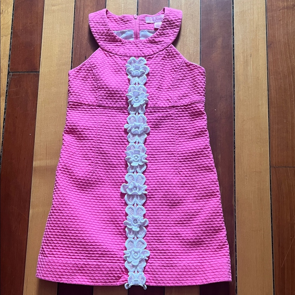 Lilly Pulitzer Girls Dress Size 5 Jacqueline Pink Shift Appliqué Floral Quilted